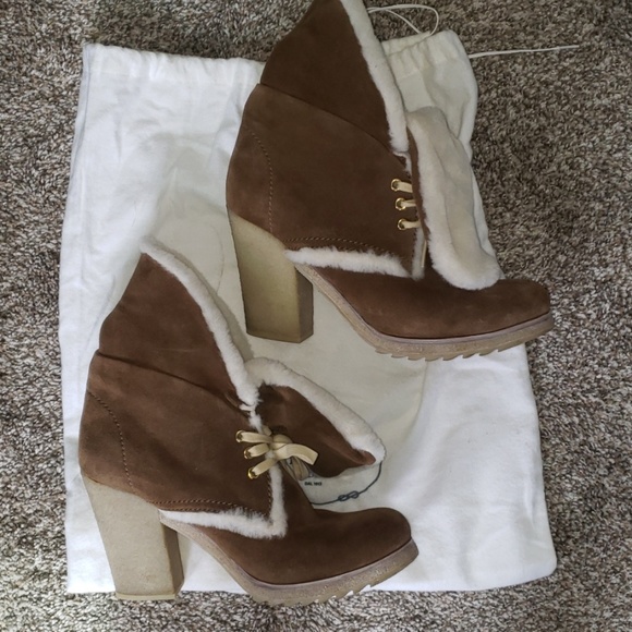 PRADA suede shearling fold over heeled booties 10 - Picture 2 of 7